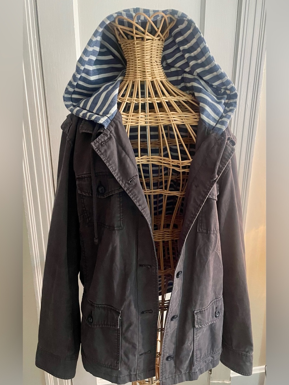 GAP Vintage Utility Cargo Field Jacket Striped Hooded Lined Streetwear Womens XL
